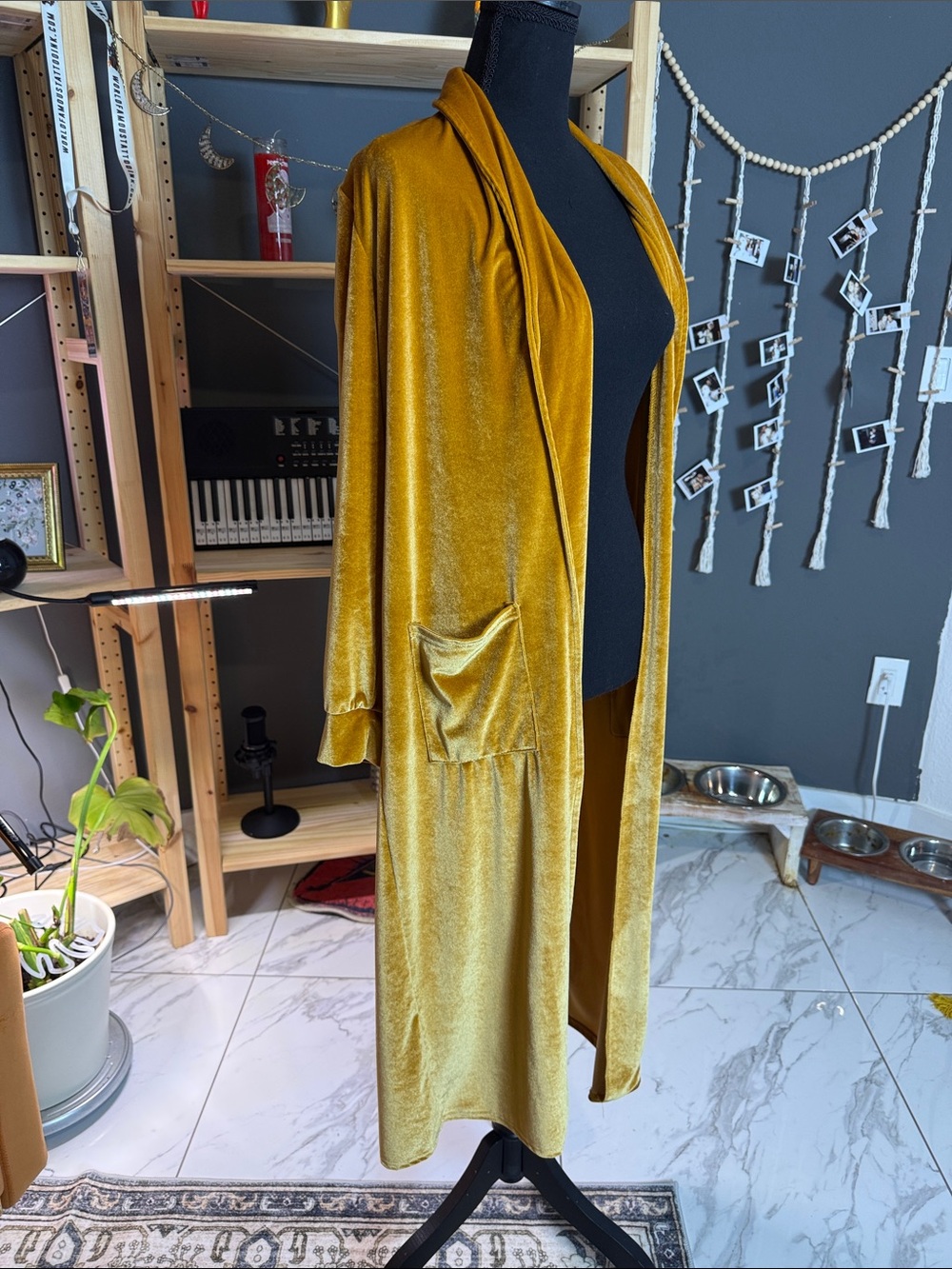 Velvet Long Robe Duster - Mustard Gold - Picture 2 of 5